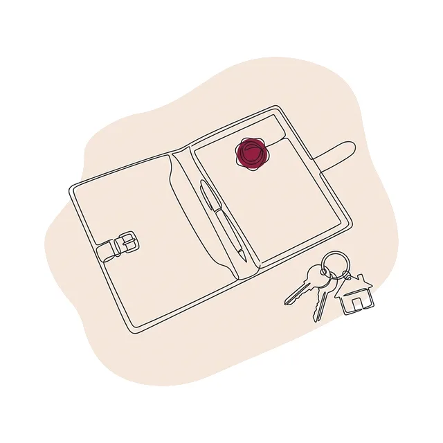 Porte-document avec une feuille tamponnée et un trousseau de clés de maison
