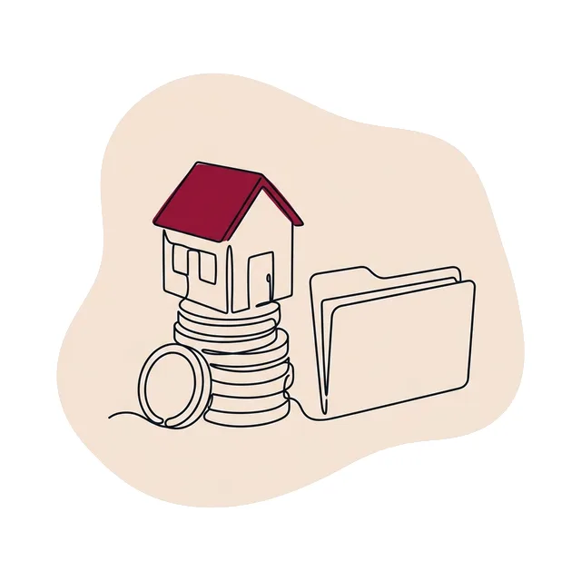 Petite maison posée sur une pile de pièces à côté d’un dossier de prêt