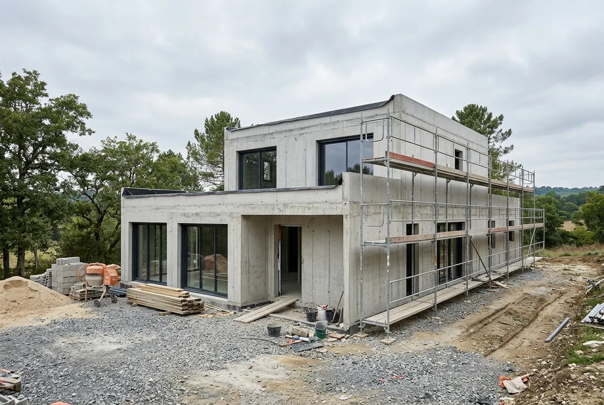 Maison contemporaine en béton en cours de chantier, grandes baies vitrées posées et échafaudage